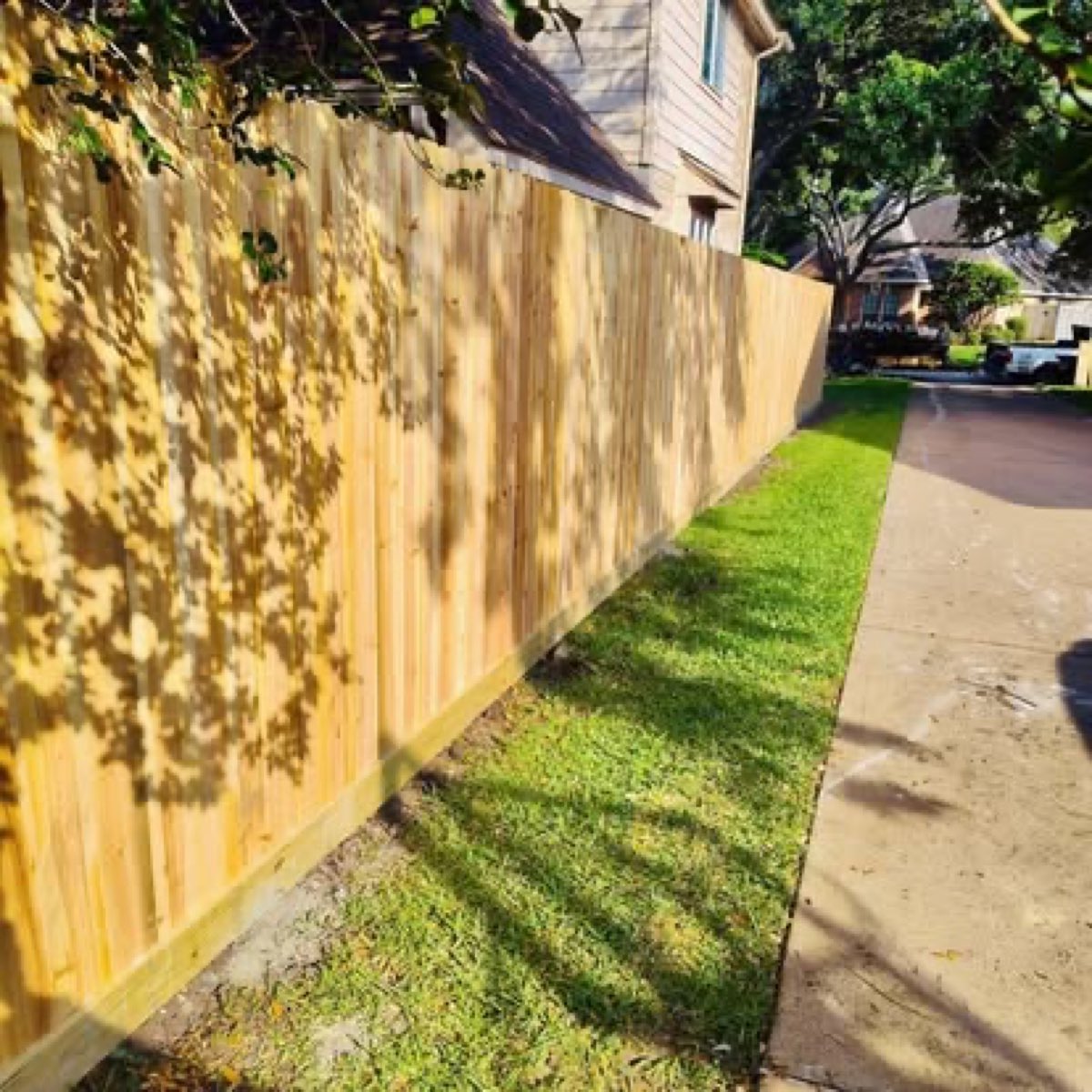 Cedar privacy fence along a Katy home and walkway